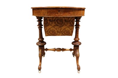 Victorian Inlaid Walnut Sewing Table with Stretcher Base – Circa 1870