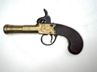 PERCUSSION BLUNDERBUSS BRASS BARRELLED OVERCOAT PISTOL.