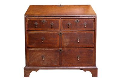 A Fine 18th Century Crossbanded Oak Bureau with Stepped Interior & Secret Drawers