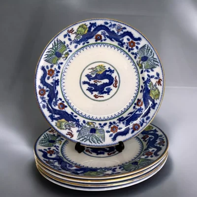 Five Antique Victorian Minton Chinese Dragon and Bird Porcelain Plates
