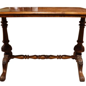 Antique Burr Walnut Stretcher Table with Carved Ends, Circa 1890