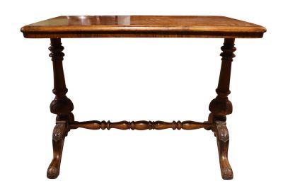 Antique Burr Walnut Stretcher Table with Carved Ends, Circa 1890