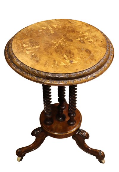 Unusual Victorian Circular Inlaid Burr Walnut Lamp Table, England, circa 1860