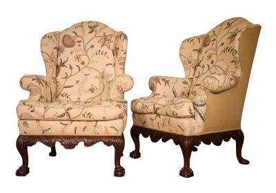 19thc Pair of Large Walnut Framed Wingback Armchairs