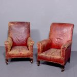 Pair of Country House Red Leather Library Chairs Antique Chairs