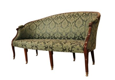 Elegant Geo III Mahogany Framed Salon Sofa in Green Damask Upholstery