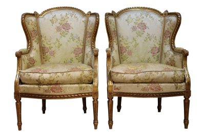 Pair of Antique French Giltwood Wingback Armchairs