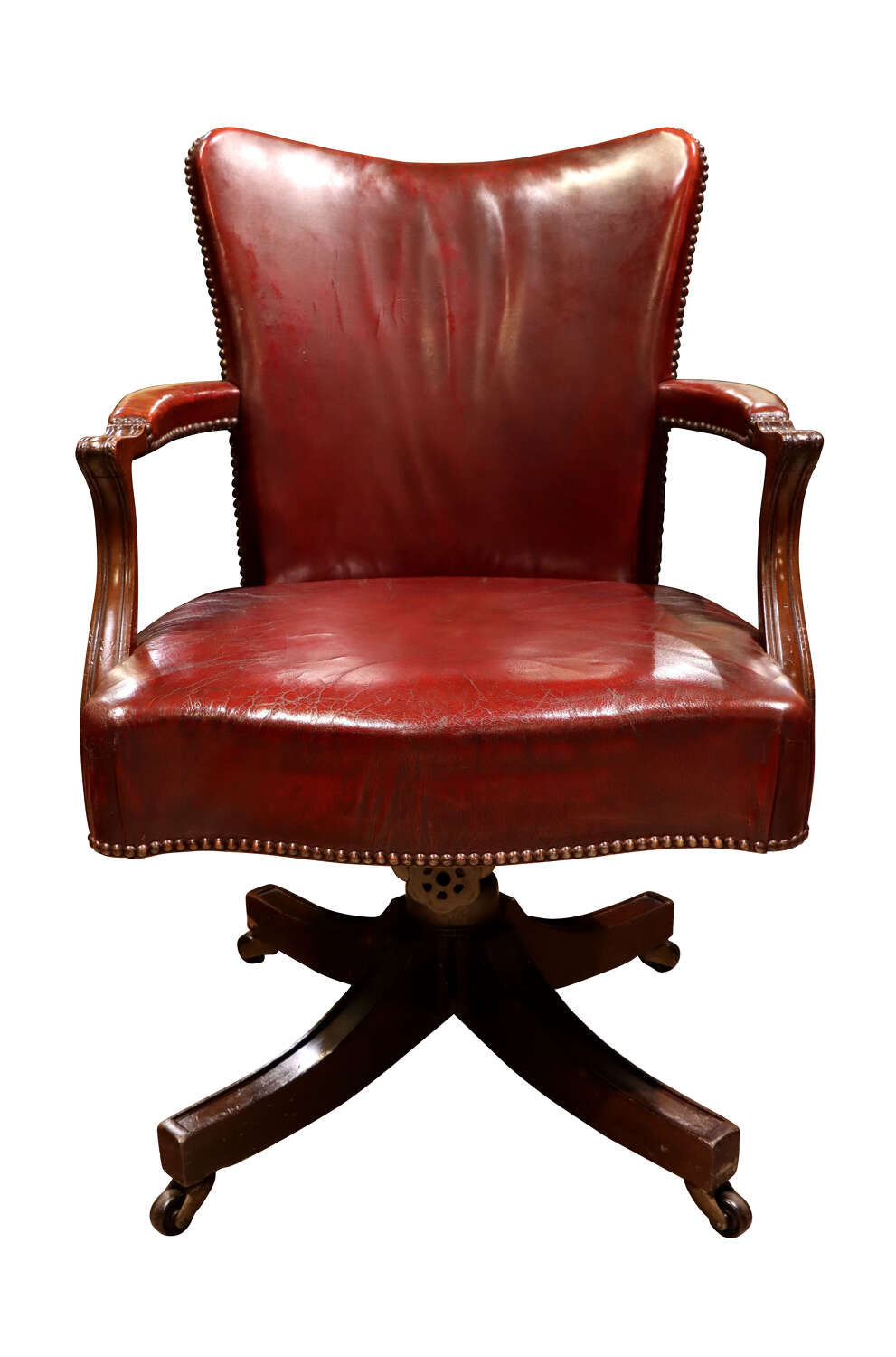 A good quality vintage leather and mahogany swivel desk chair, circa 1930