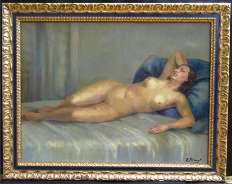 Art Deco Oil Portrait Painting Nude Lady Lying On Bed Signed