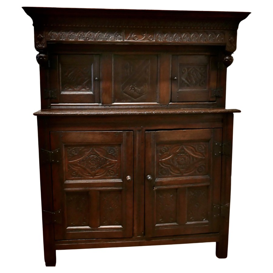1696 French Carved Oak Court Cupboard, Cottage size Livery Cupboard - Image 2