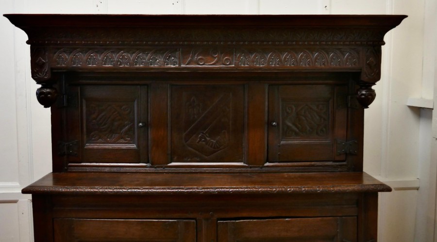1696 French Carved Oak Court Cupboard, Cottage size Livery Cupboard - Image 4