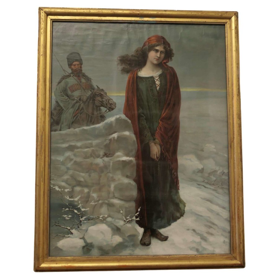 19th Century Framed Pre Raphaelite Print of a Russian Prisoner with a Cossack