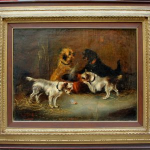 Playful Terriers in a Barn by Frank Cassell (British, 1862-1908)