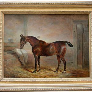Racehorse in the stable by Thomas Hillier Mew (fl.1850-1875)