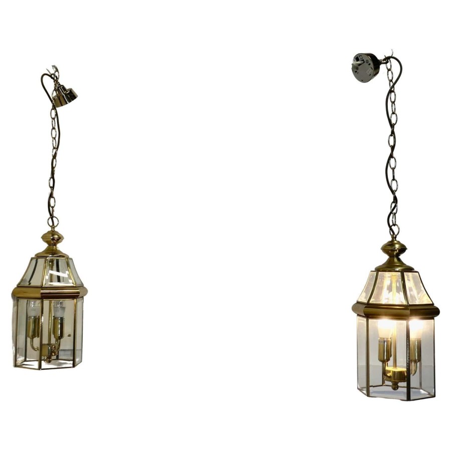 A Pair of Art Deco Style Brass %26 Glass Hall Lanterns
