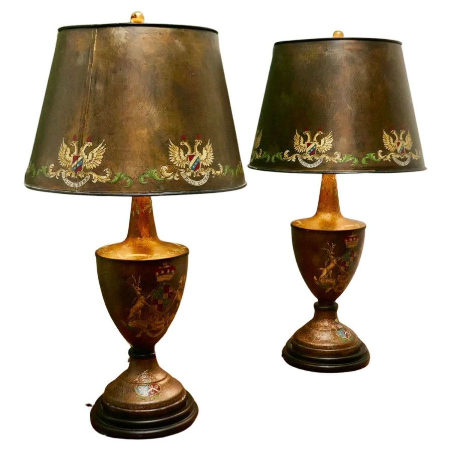 A Pair of Large Bronze Coloured Toleware Table Lamps