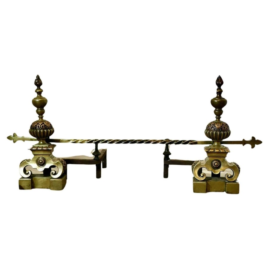 A Pair of Large French Baroque Brass Andirons or Chenets