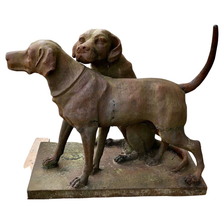 A Pair of Life-size Labradors/ Weathered Cast Iron Statue on a Plinth