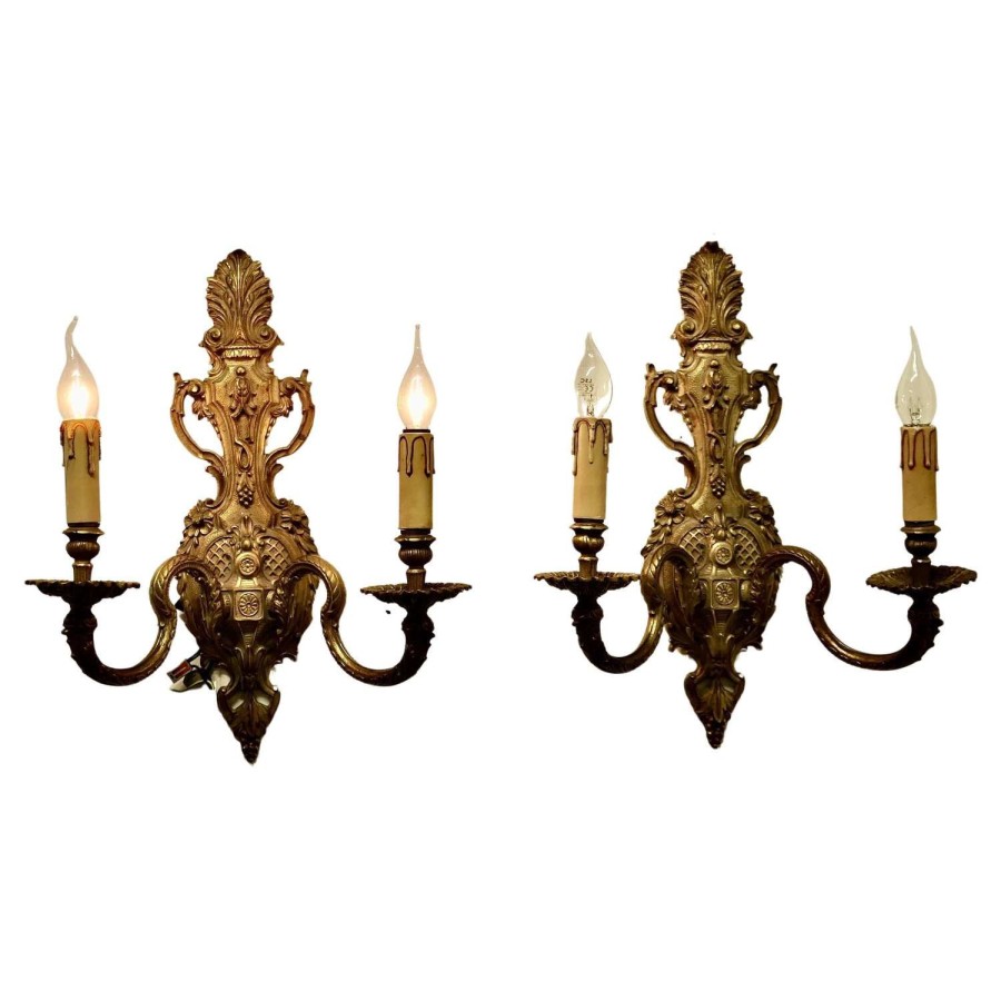 A Pair of Very Large Rococo Heavy Brass Twin Wall Lights