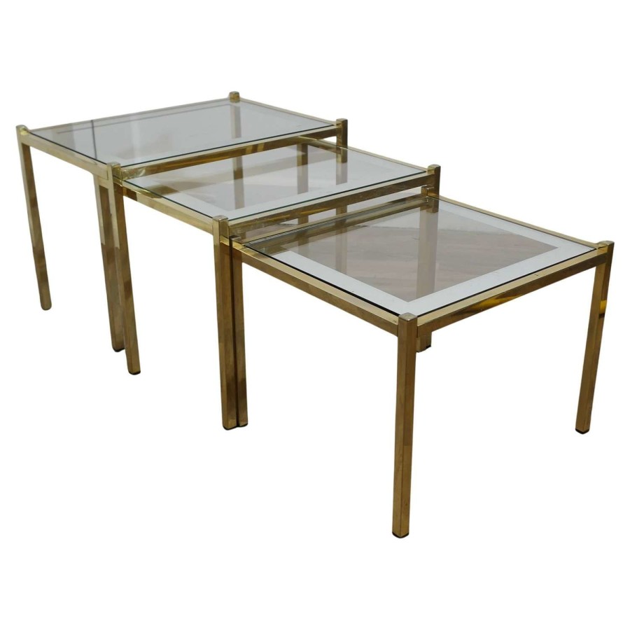 Art Deco Glass Mirror and Brass Nest of Tables