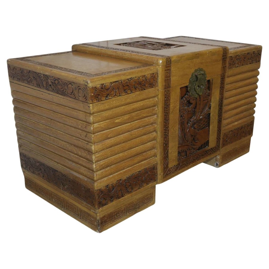 Art Deco Limed Oak %26 Carved Camphor Wood Chest