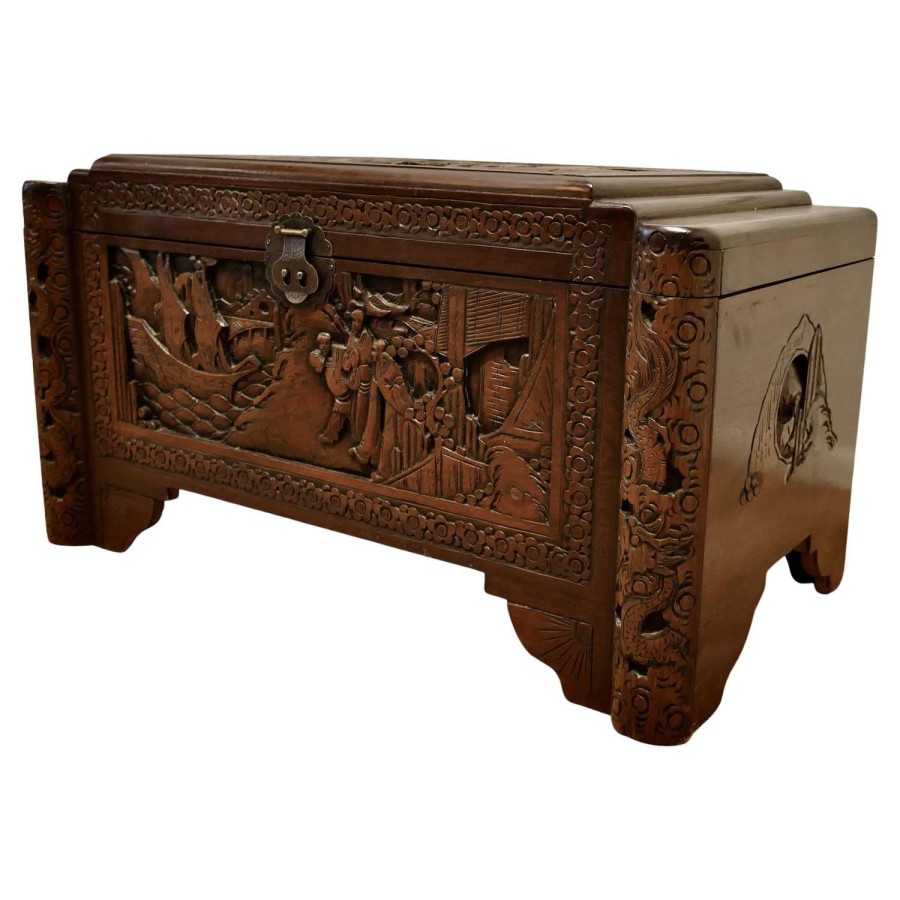 Art Deco Oriental Carved Camphor Wood Chest