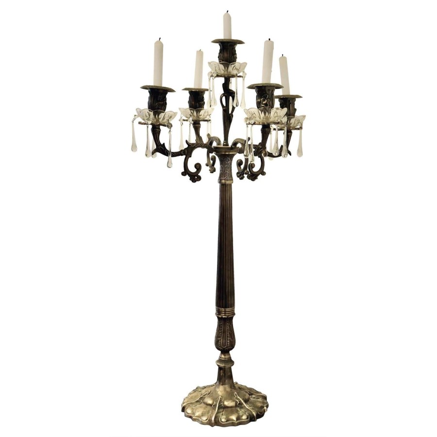 Art Nouveau French Silver Metal and Crystal 5 Branch Candelabra