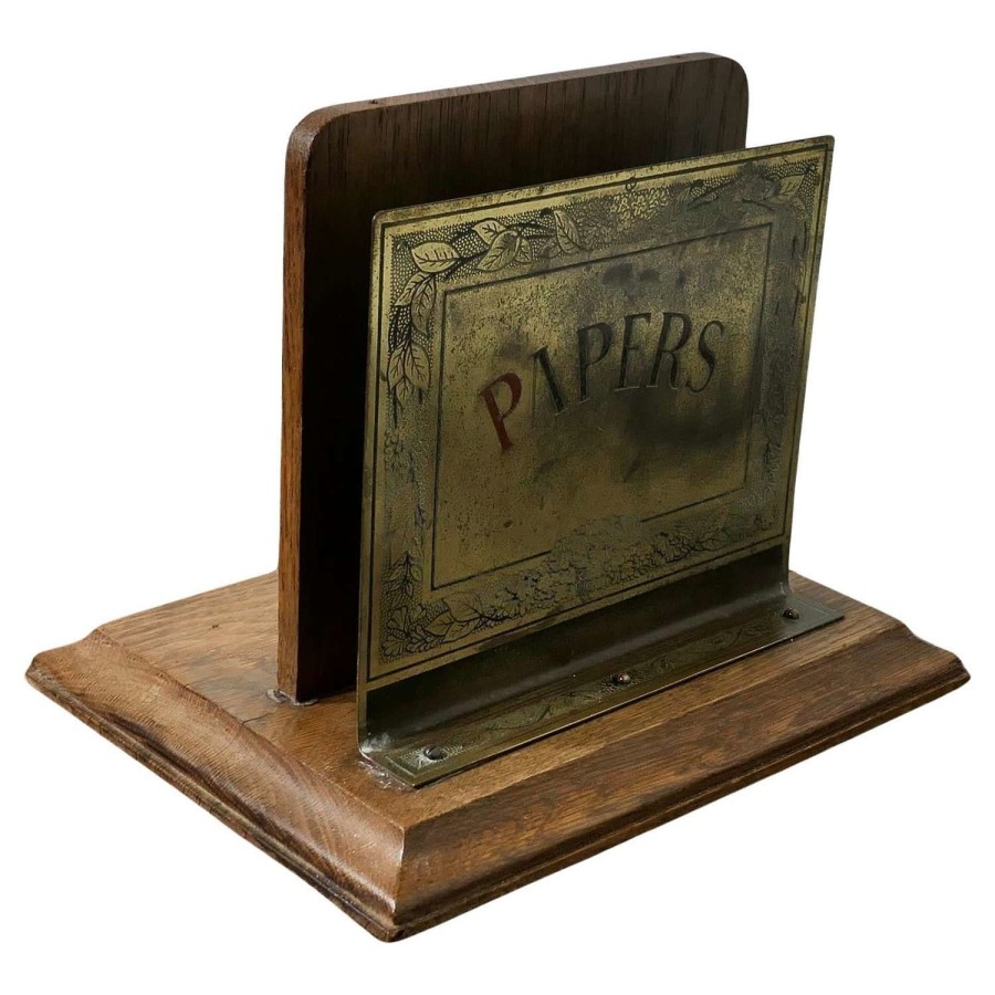 Art Nouveau Table Top Brass and Oak News Paper Rack