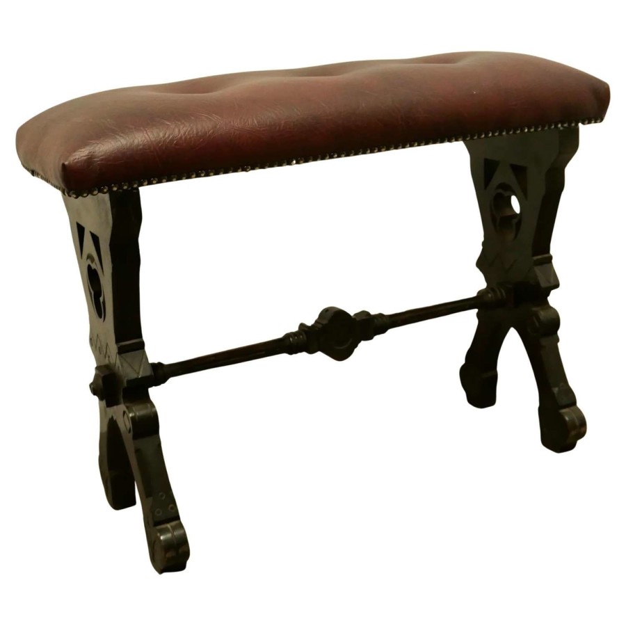 Arts and Crafts Carved Oak Organist Stool, Window Seat, Hall Bench