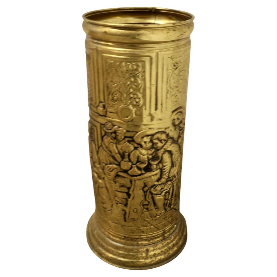 Arts and Crafts Embossed Brass Stick Stand, Umbrella Stand
