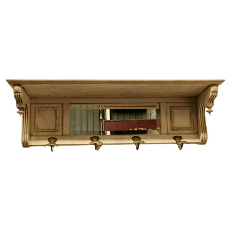 Arts and Crafts French Painted Wall Mirror with Shelf and Coat Hooks
