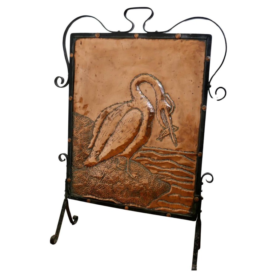 Arts and Crafts Stork and Fish Copper and Iron Fire Screen