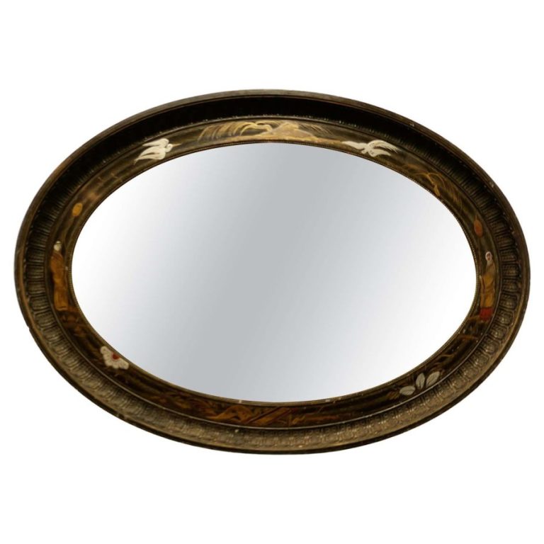 Black Lacquer Carved Chinoiserie Oval Wall Mirror