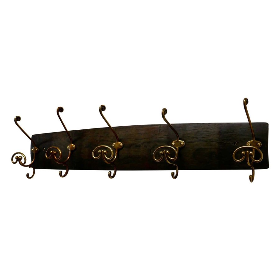 Brass Hat and Coat Hooks, Set on Wine Barrel Oak