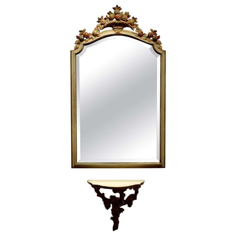Carved and Painted Console Mirror and Shelf