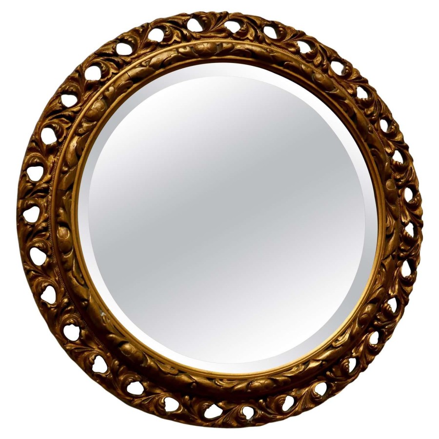 Carved Bevelled Gilt Round Wall Mirror