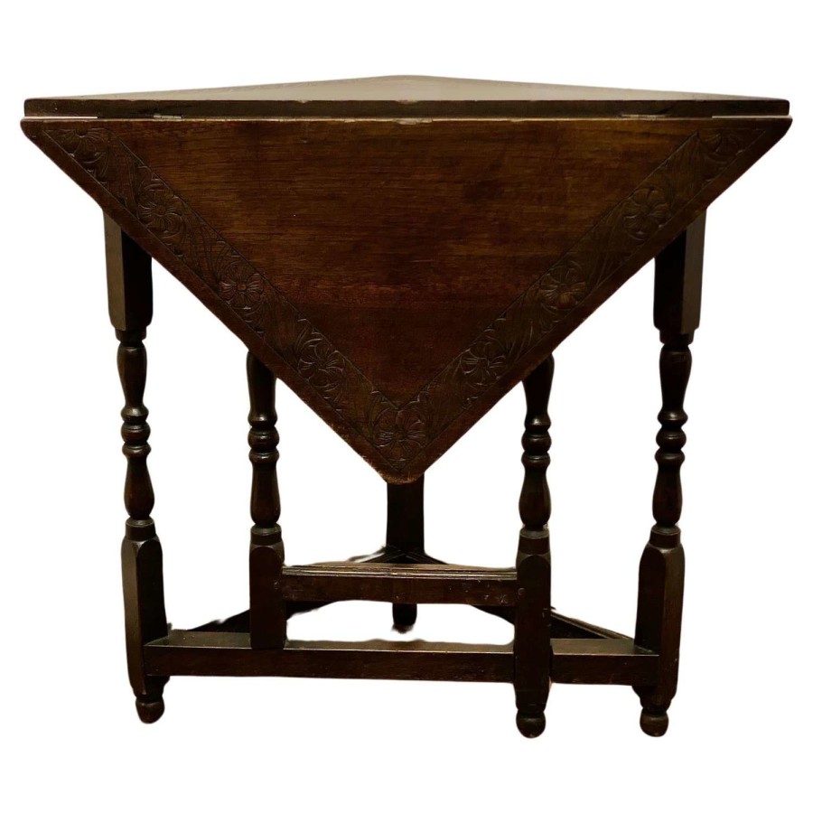 Carved Oak Triangular Gate Leg Side Table