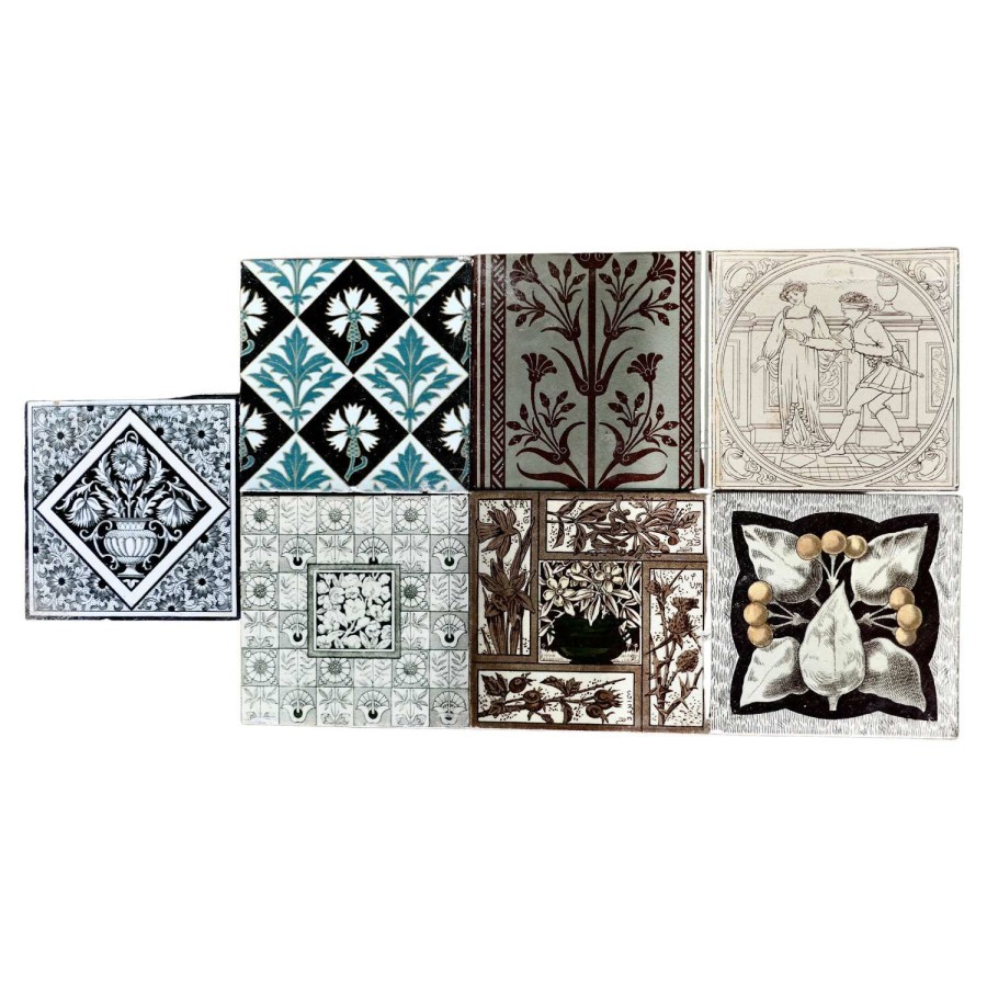 Collection of 7 Mixed Victorian Ceramic Tiles 7 Lovely Tiles