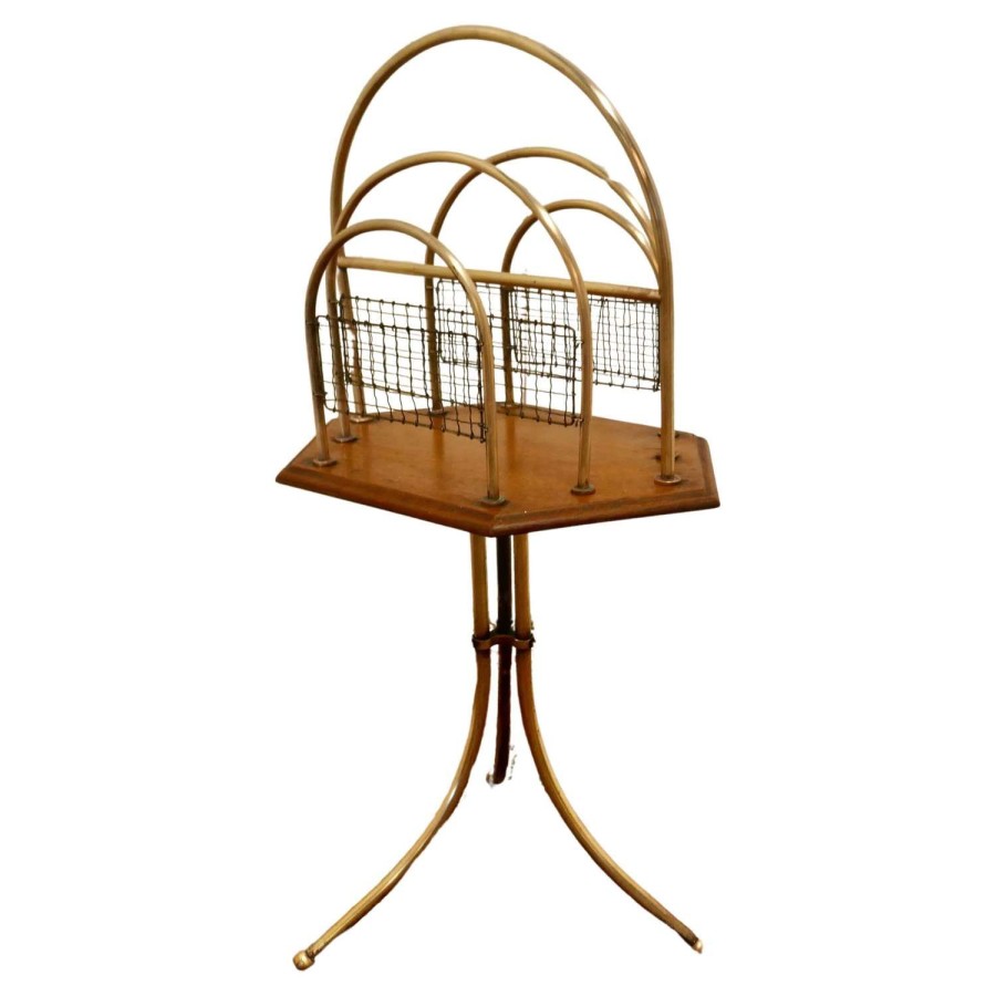 Elegant Victorian Golden Oak and Brass Revolving Magazine Rack