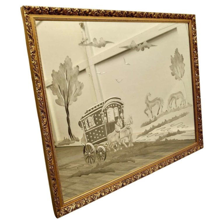 Engraved Mirror, Horse Drawn Romany Caravan a Charming Folk Art Engrav