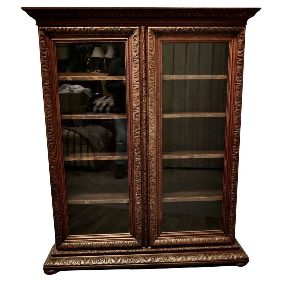 Fine Quality 19th Century Carved Oak Glazed Bookcase