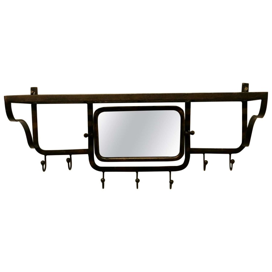 French Art Deco Iron Hat and Coat Rack with Shelf %26 Mirror, Pullman