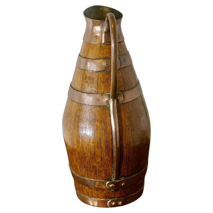French Arts and Crafts Golden Oak Cider Jug with Copper Bands