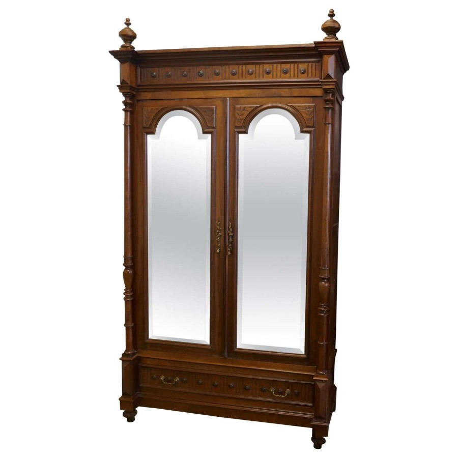 French Arts and Crafts Walnut Mirror Double Door Armoire