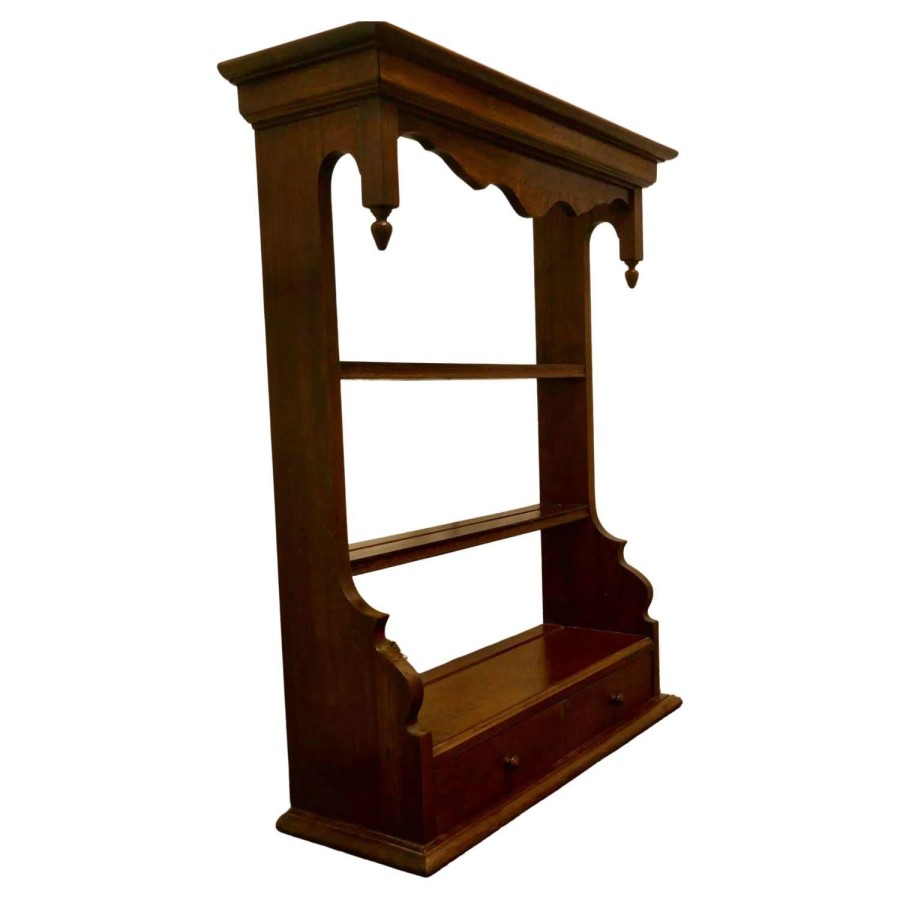 French Country Oak Wall Hanging Shelf with Drawers