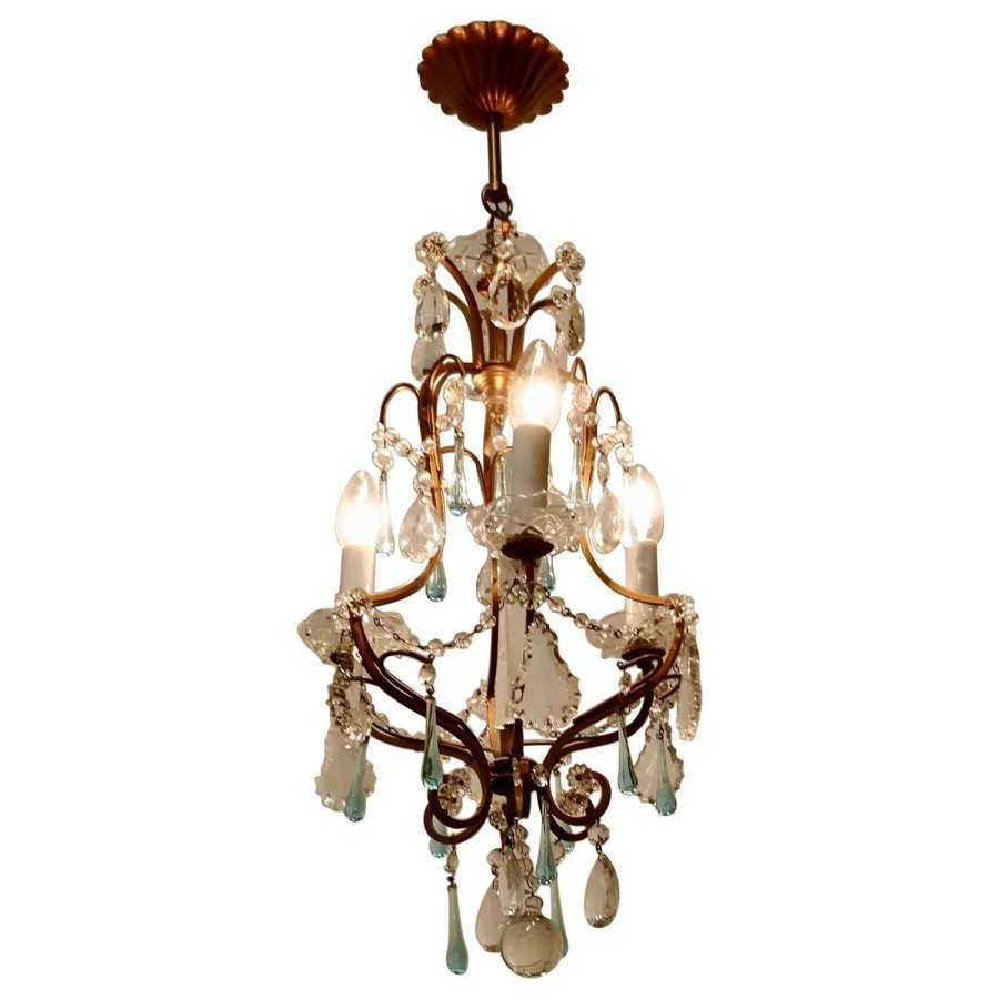 French Crystal Chandelier with Chains and Turquoise Drops