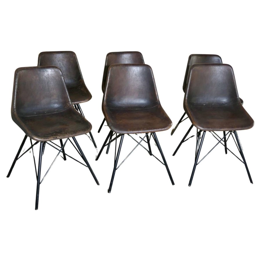 French Industrial Dining Chairs, 6 Dark Leather Chairs