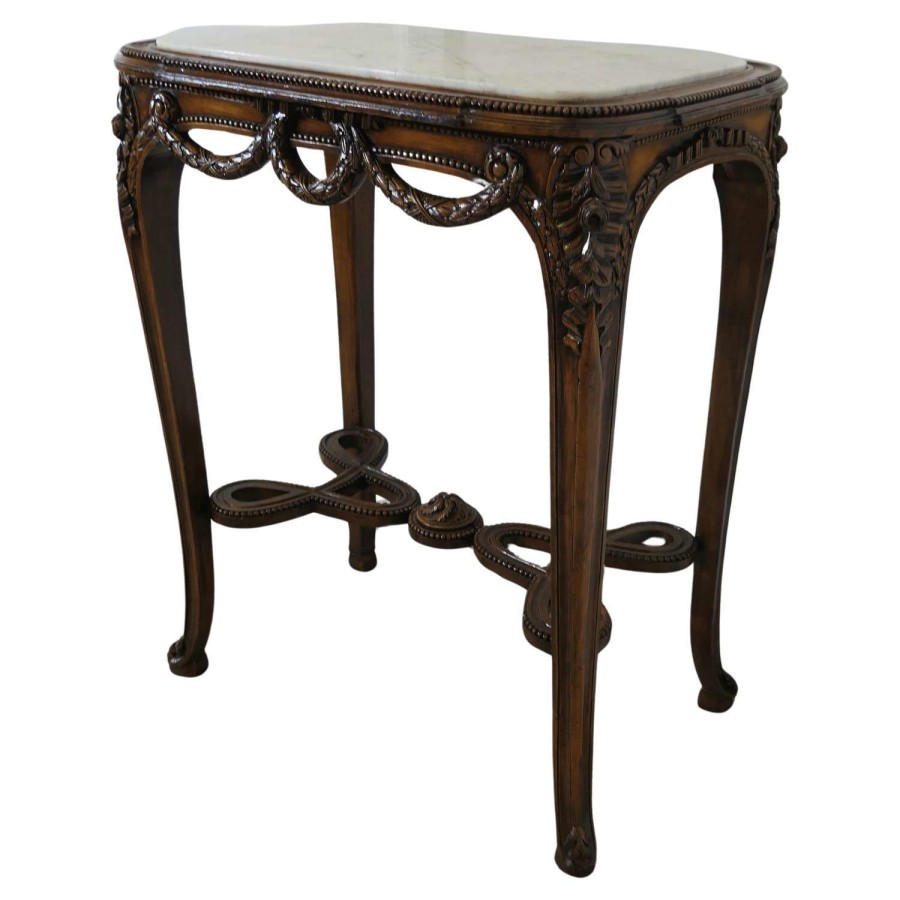 French Lamp Table with Carved Decoration and Marble Top