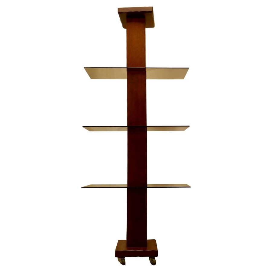 French Mid Century Modern Teak and Smoked Glass Etagère, Display Shelf