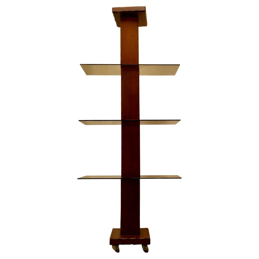 French Mid Century Modern Teak and Smoked Glass Etagère, Display Shelf - Image 2